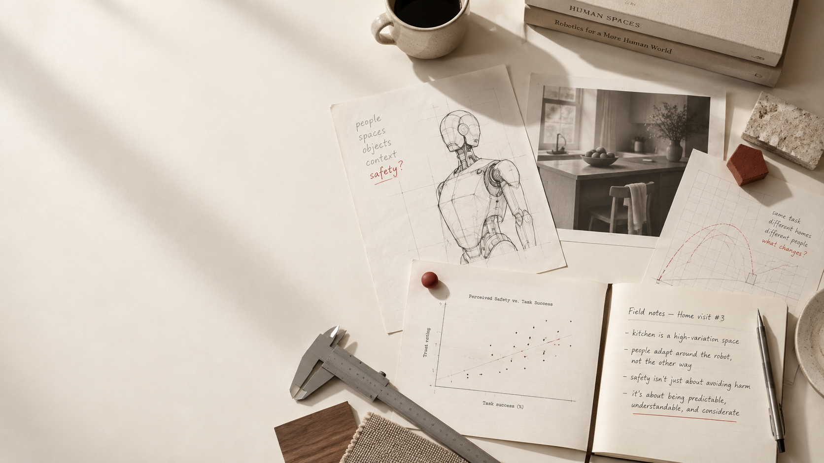 Sketches and field notes about humanoid robots, home environments, and safety spread across a desk.